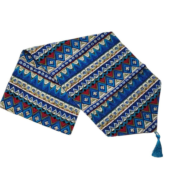 Table Runner Aztec Nordic Navajo Blue Red Lightweight Weave Tassel 70 x 12 New - Picture 2 of 6